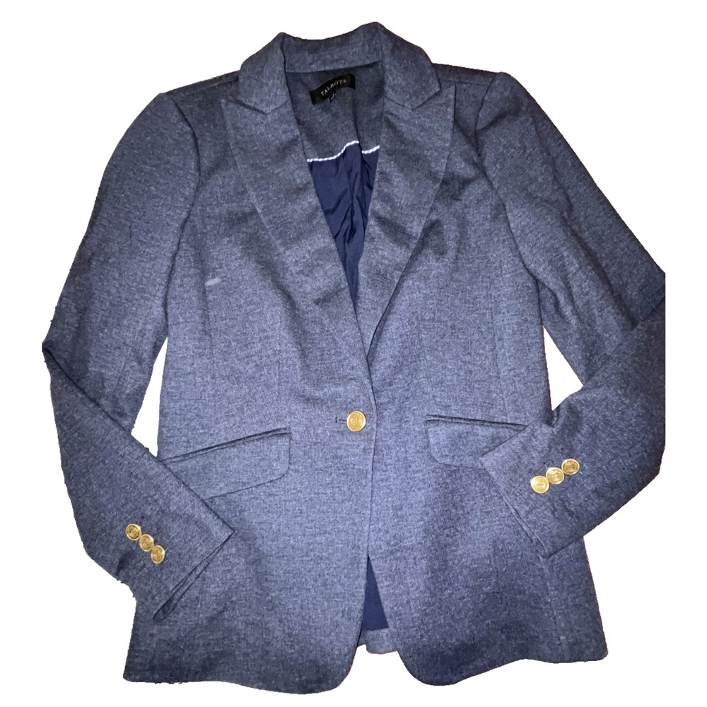 Talbots Blue Viscose 1 Gold Button Preppy Blazer Jacket Womens 2 Orange Collar